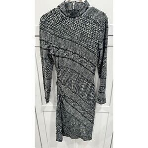 Cache Womens Knit Mock Neck Long Sleeve Ruched Dress XL Black White Pattern